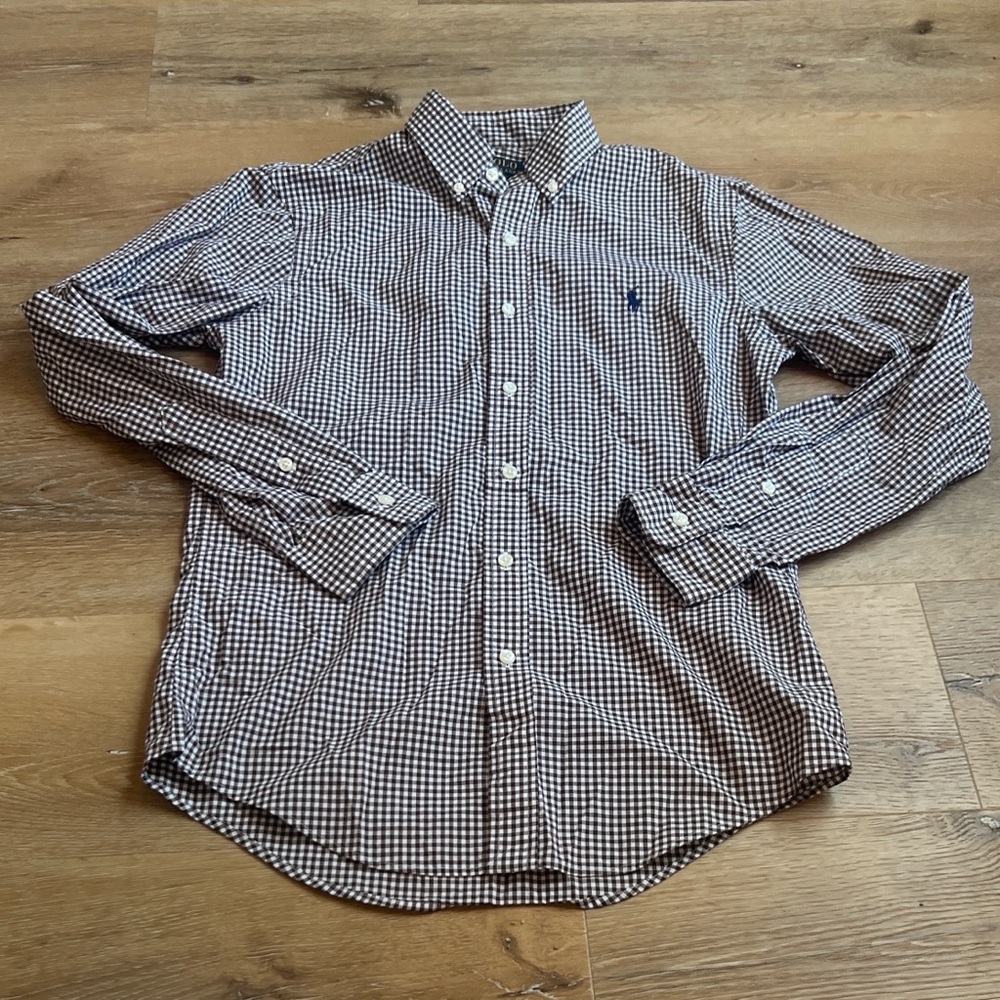 Men's Classic Button-Down Polo Checkered Shirt - Brown & White Small Slim Fit
